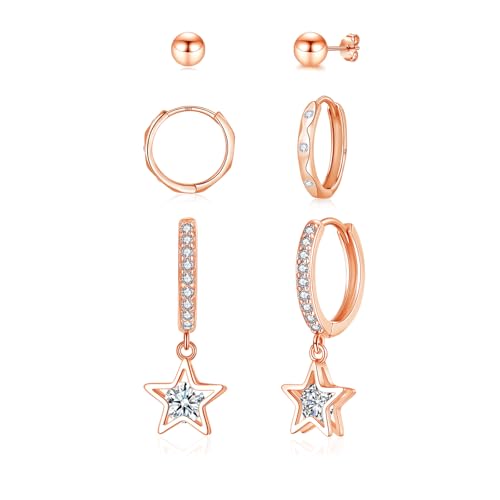 Deyanse 925 Sterling Silber Ohrringe Set, 3 Paare Silber Kugel Ohrstecker Creolen Ohrhänger mit Zirkonia Set, Hypoallergen Ohrstecker Klein Ohrringe Creolen mit Stern Anhänger für Mehrere Ohrlöcher von Deyanse