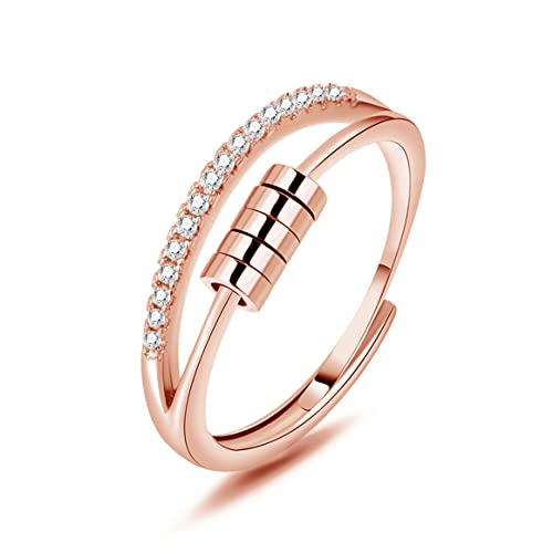 Deyanse Anxiety Ring, 925 Sterling Silber Anti Stress Ring, Bead Spinner Angst Ringe für Frauen Damen, Rose Gold Zirkonia Angstring Verstellbar ringe, Offen Einstellbar Fidget Ring Anti-stress Ring von Deyanse