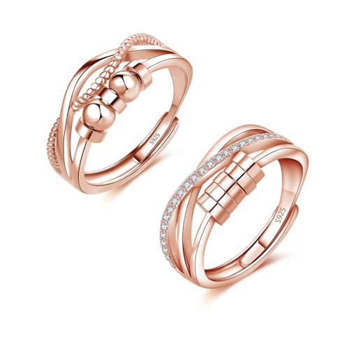 Deyanse Anxiety Ring Silber, 925 Sterling Silber Angst Ringe mit Perlen Zirkonia, 2PCS Offen Einstellbar Anti-Stress Ringe Set, Unendlichkeit Spinner Fidget Ring, Unisex Stimmungsring gegen Stress von Deyanse