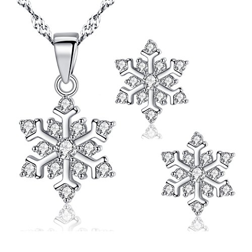 Deyanse Halskette Damen & Ohrstecker Silber 925, Schneeflocke Schmuckset Ohrringe Stecker Choker Kette mit Weiß Zirkonia Snowflake Anhänger, Schönes Wintergeschenk für Mutter Freundin Frau von Deyanse