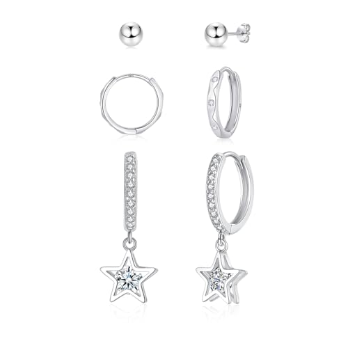 Deyanse Ohrringe Silber 925 Set, 3 Paare 925 Sterling Silber Ohrstecker Creolen mit Stern Anhänger Set, Klein Kugel Ohrstecker Creolen Zirkonia Ohrringe Stern Hängend Ohrringe für Mehrere Piercings von Deyanse