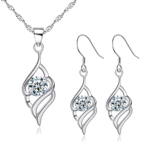 Deyanse Schmuckset Silber 925 Damen, 925 Sterling Silber Schmuck Set mit Cubic Zirkonia, 45+5 cm Silberkette mit Engelsflügel Anhänger, Flügel Ohrringe Hängend Ohrhänger, Brautschmuck mit Geschenkbox von Deyanse