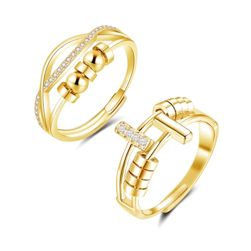 Deyanse Silber Angst Ringe, 2PCS Verstellbar Anxiety Ring für Damen Herren, 925 Sterling Silber Spinner Fidget Ring, Offen Einstellbar Anti Stress Ringe Set, Unisex Stressringe mit Perlen Zirkonia von Deyanse