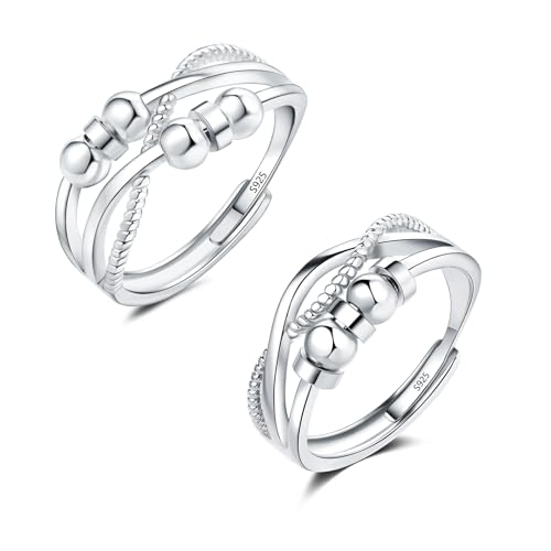 Deyanse Silber Anxiety Ring, 2PCS 925 Sterling Silber Angst Ringe Set, Offen Einstellbar Anti Stress Partnerringe, Unendlichkeit Spinner Fidget Ring mit Perlen, Unisex Stimmungsring gegen Angst Stress von Deyanse