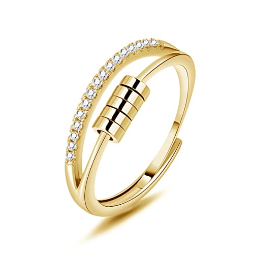 Deyanse Anxiety Ring, 925 Sterling Silber Anti Stress Ring, Bead Spinner Angst Ringe für Frauen Damen, Gold Zirkonia Angstring Silber Verstellbar ringe, Offen Einstellbar Fidget Ring Anti-stress Ring von Deyanse