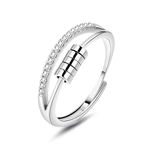 Deyanse Anxiety Ring, 925 Sterling Silber Anti Stress Ring, Bead Spinner Angst Ringe für Frauen Damen, Silber Zirkonia Angstring Verstellbar ringe, Offen Einstellbar Fidget Ring Anti-stress Ring von Deyanse