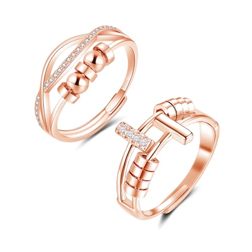 Deyanse Silber Anxiety Ringe, 2PCS 925 Sterling Silber Anti-Stress Ringe Set, Hypoallergen Angst Ring mit Perlen, Offen Einstellbar Fidget Ring Set, Zirkonia Stimmungsringe für Damen Herren Unisex von Deyanse