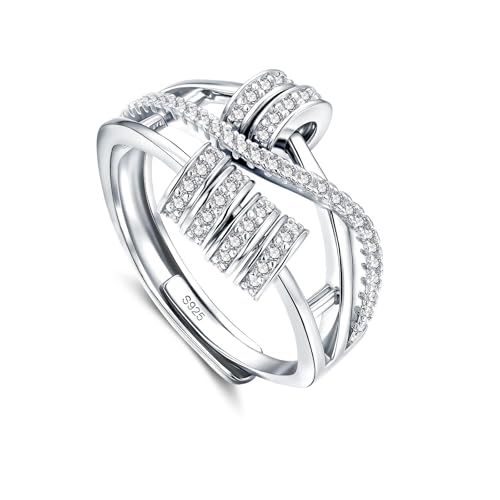 Deyanse Silber Anxiety Rings, 925 Sterling Silber Angst Ring mit Zirkonia, Offen Einstellbar Anti-Stress Ring, Unendlichkeit Spinner Fidget Ringe mit Perlen, Unisex Dekompressionsringe gegen Stress von Deyanse