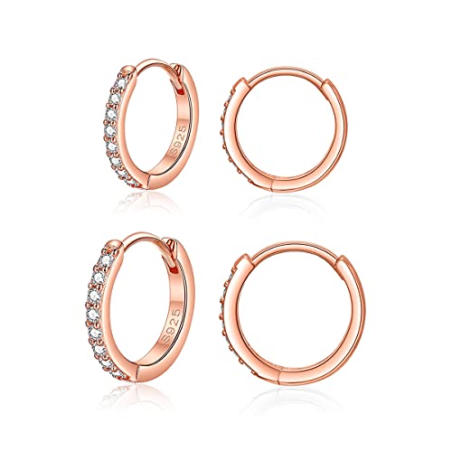 Deyanse Silber Creolen Ohrringe für Damen, 2 Paare 925 Sterling Silber Creolen Ohrringe Set mit Zirkonia, Unisex Klein Schlafen Kreolen, Rose Gold Creolen Ohrringe für Damen Mädchen, 12, 14mm von Deyanse