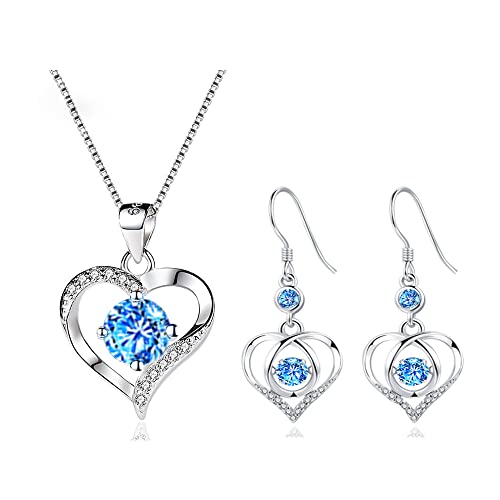 Deyanse Silber Schmuckset für Damen, 925 Sterling Silber Herz Halskette Ohrringe Set, Herz Anhänger mit 45cm Silber Kette, Herz Ohrringe mit Blau AAAAA Zirkonia, Geschenk zum Weihnachten Geburtstatg von Deyanse