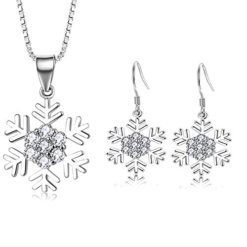 Deyanse Silber Schmuckset für Damen, 925 Sterling Silber Weihnachten Halskette Ohrringe Set, Schneeflocke Anhänger mit 45cm Silber Kette, Haken Ohrhänger mit Weiß Zirkonia, Geschenk zum Weihnachten von Deyanse