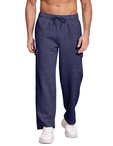 Deyeek Herren-Cargo-Jogginghose aus Fleece, offene Unterseite, lockere Passform, Jogginghose, Loungehose mit Taschen, Marineblau, XXL von Deyeek