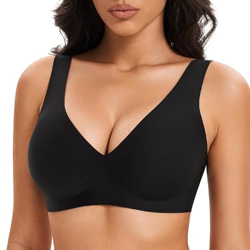 Deyllo BH Damen Ohne Bügel Push up Tshirt BH Nahtloser Bügelloser BH Große Brüste Starker Halt Entlastungs Komfort Seamless Soft Bra mit Tiefem V-Ausschnitt Schwarz XL von Deyllo