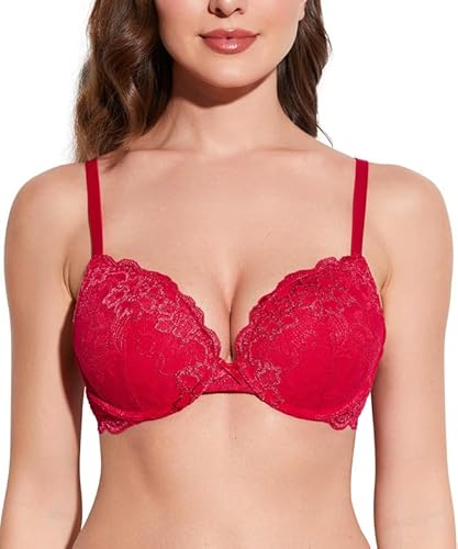 Deyllo BH Damen mit Bügel,Push up BH,Dirndl BH Blumen Spitze Schalen Bügel BH Gepolstert Elegant(Lippenstift Rot,75A) von Deyllo