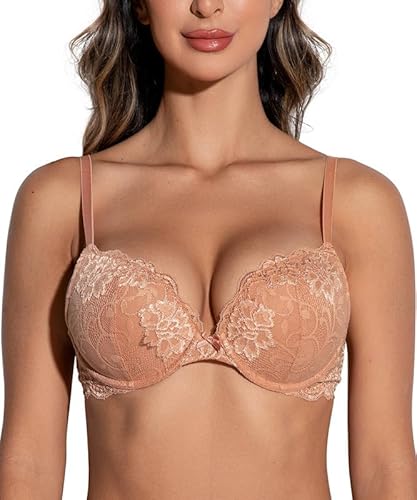 Deyllo BH Damen mit Bügel,Push up BH,Dirndl BH Blumen Spitze Schalen Bügel BH Gepolstert Elegant(OrangeRosa,70C) von Deyllo