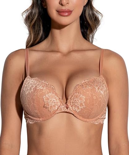 Deyllo BH Damen mit Bügel,Push up BH,Dirndl BH Blumen Spitze Schalen Bügel BH Gepolstert Elegant(OrangeRosa,80E) von Deyllo