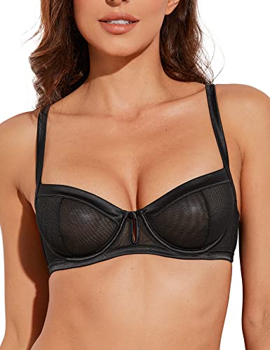 Deyllo Damen BH mit Bügel Transparente Mesh-Spitze Ungefütterter Bügel-BH Durchsichtiger Demi BH (Schwarz,70E) von Deyllo