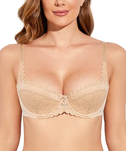 Deyllo Push up BH Damen mit Bügel Spitzen Balconette Dirndl BH Comfy Schalen Lingerie Sexy Demi Cup Beige 70C von Deyllo