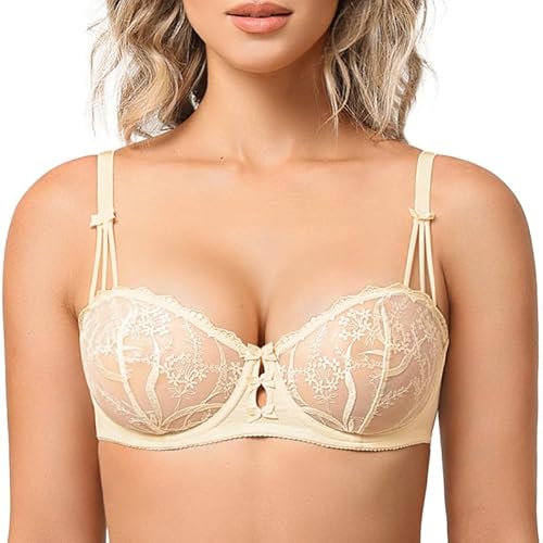 Deyllo Damen Demi BH Mit Bügel, Schöne Spitze Ungefüttert, Sheer Sehen Durch, Nicht Gepolstert Beige 75C von Deyllo