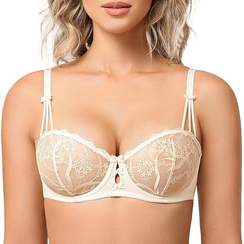 Deyllo Damen Demi BH mit Bügel, Schönem Spitze Ungefüttert BH,Sheer Sehen Durch BHS,Nicht Gepolstert BH Elfenbein 85C von Deyllo