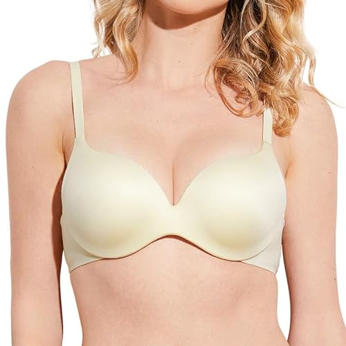 Deyllo Damen Push Up BH mit Bügel Nahtlos Gepolstert BH Lift Up 33 Cups Hinzufügen Komfortabler T-Shirt BH für eine perfekte Passform und natürlichen Lift Beige 75E/34E von Deyllo