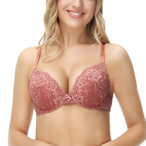 Deyllo Damen Push Up BH mit Blumen Spitze Schalen Bügel BH Gepolstert Elegant(Staubige Rose,70C) von Deyllo