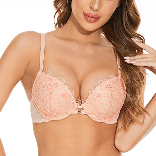 Deyllo Damen Push Up BH mit Blumen Spitze Schalen Bügel BH Gepolstert Elegant (Rosa Cocktail,75A) von Deyllo