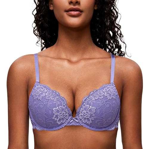 Deyllo Damen Push Up BH mit Blumen Spitze Schalen Bügel BH Gepolstert Elegant Helllila 75D/34D von Deyllo