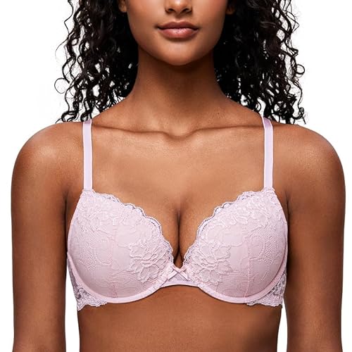 Deyllo Damen Push Up BH mit Blumen Spitze Schalen Bügel BH Gepolstert Elegant Hellrosa 80D/36D von Deyllo