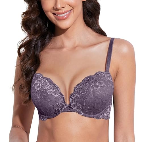 Deyllo Damen Push Up BH mit Blumen Spitze Schalen Bügel BH Gepolstert Elegant Lila 90D von Deyllo