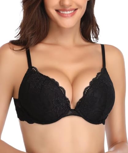 Deyllo Damen Push Up BH mit Blumen Spitze Schalen Bügel BH Gepolstert Elegant Schwarz 90B von Deyllo