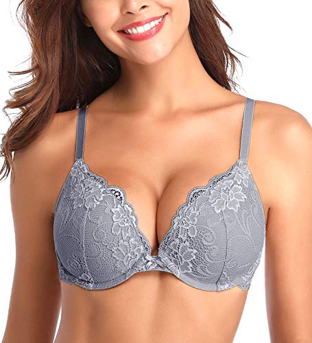 Deyllo Damen Push Up BH mit Blumen Spitze Schalen Bügel BH Gepolstert Elegant Silbergrau 90B Deyllo Damen Push Up BH mit Blumen Spitze Schalen Bügel BH Gepolstert Elegant Silbergrau 90B von Deyllo