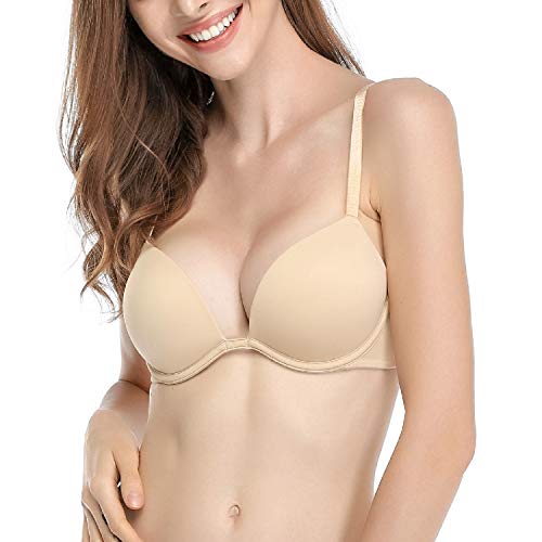 Deyllo Damen Push Up Bügel BH Super Gepolsterter T-Shirt BH Plunge Softschalen Cross Multi-Strap(Beige,80D) von Deyllo