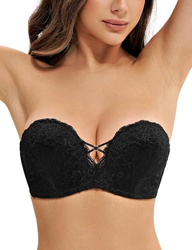 Deyllo Damen Push Up Trägerloser BH Große Größen mit Unsichtbare Eingebaute Bügel, Spitzen Schalen BH Ohne Träger mit Anti-Rutsch Band für Rückenfreies Kleid Schwarz 90B von Deyllo