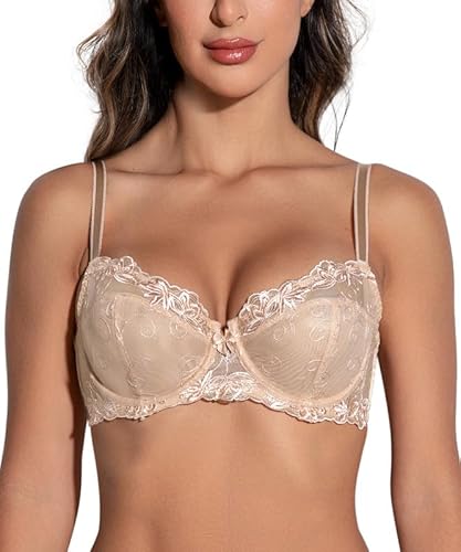 Deyllo Damen Sexy Spitzen-BH Große Größe Bügel BH Bestickter Ungefütterter Transparenter BH Nicht Gepolstert BH für große Brüste Nude 85E/38DD von Deyllo