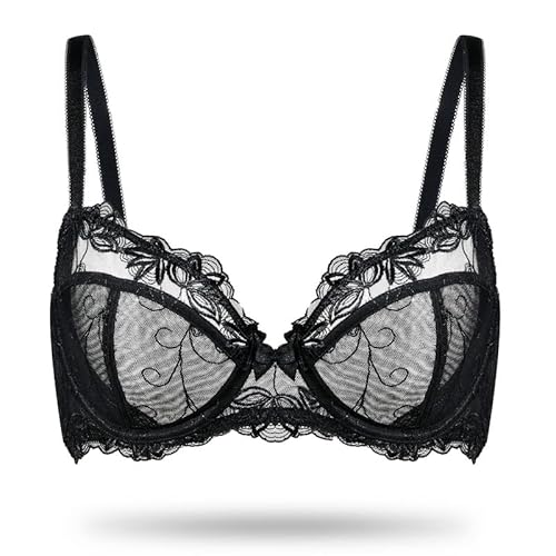 Deyllo Damen Sexy Spitzen-BH Große Größe Bügel BH Bestickter Ungefütterter Transparenter BH Nicht Gepolstert BH für große Brüste Schwarz 75D/34D von Deyllo