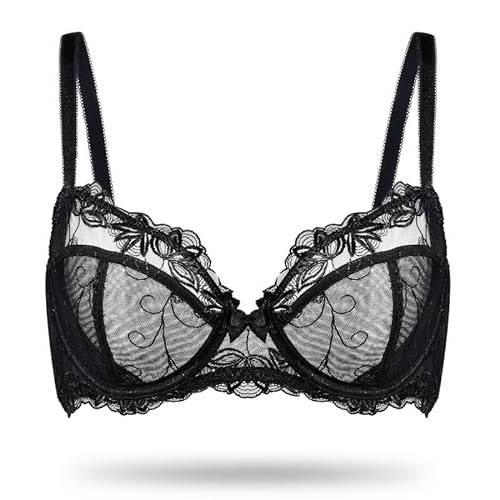 Deyllo Damen Sexy Spitzen-BH Große Größe Bügel BH Bestickter Ungefütterter Transparenter BH Nicht Gepolstert BH für große Brüste Schwarz 80C/36C von Deyllo