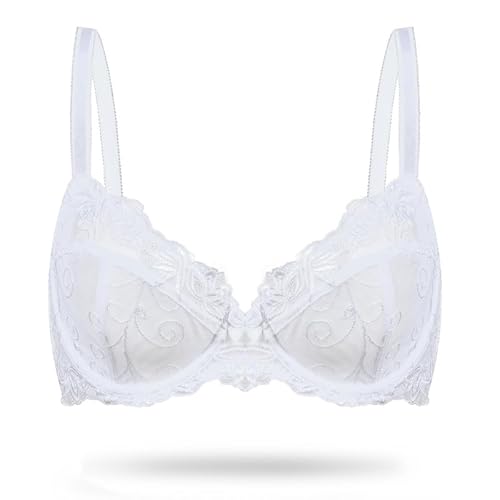 Deyllo Damen Sexy Spitzen-BH Große Größe Bügel BH Bestickter Ungefütterter Transparenter BH Nicht Gepolstert BH für große Brüste Weiß 100F/44DDD von Deyllo