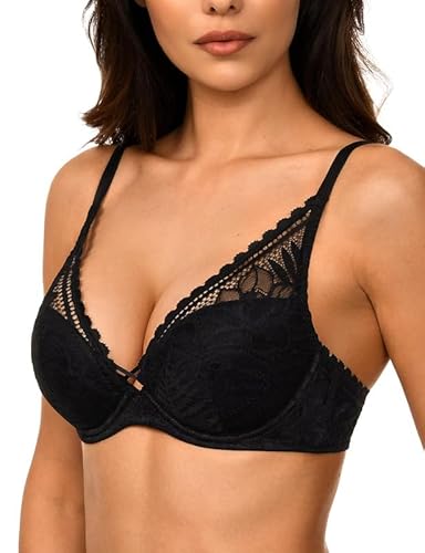 Deyllo Damen Spitzen Push up BH mit Bügel Sexy Dessous für Frau Elegant Lingerie Ungepolsterter Dekorativem Rücken BH Schwarz 75C Deyllo Damen Spitzen Push up BH mit Bügel Sexy Dessous für Frau Elegant Lingerie Ungepolsterter Dekorativem Rücken BH Schwarz 75C von Deyllo