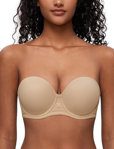 Deyllo Damen Trägerloser BH Super Push up Extrem BH Große Größen mit Bügel Geformte Comfy Multiway Strapless Bra Starker Halt Beige 70E/32E von Deyllo