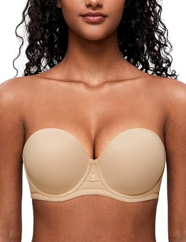 Deyllo Damen Trägerloser BH Super Push up Extrem BH Große Größen mit Bügel Geformte Comfy Multiway Strapless Bra Starker Halt Beige 95E/42E von Deyllo