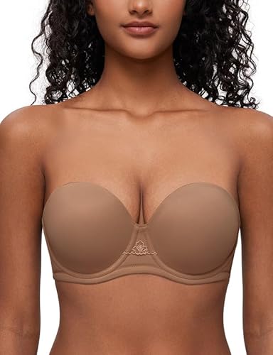 Deyllo Damen Trägerloser BH Super Push up Extrem BH Große Größen mit Bügel Geformte Comfy Multiway Strapless Bra Starker Halt Milchkaffee 95C/42C von Deyllo