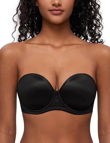 Deyllo Damen Trägerloser BH Super Push up Extrem BH Große Größen mit Bügel Geformte Comfy Multiway Strapless Bra Starker Halt Schwarz 100C/44C von Deyllo