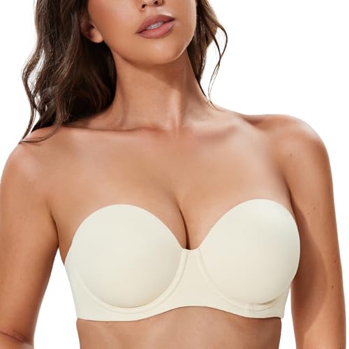 Deyllo Damen Trägerloser BH mit Bügel Große Brüste Starker Halt Comfit Rückenfrei Super Push up Tshirt BH ohne Träger Neckholder Große Größen Bandeau BH High Stütz Elfenbein 85C von Deyllo