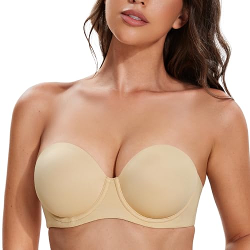 Deyllo Damen Trägerloser BH mit Bügel Große Brüste Starker Halt Comfit Rückenfrei Super Push up Tshirt BH ohne Träger Neckholder Große Größen Bandeau BH High Stütz Hautfarbe 90D von Deyllo