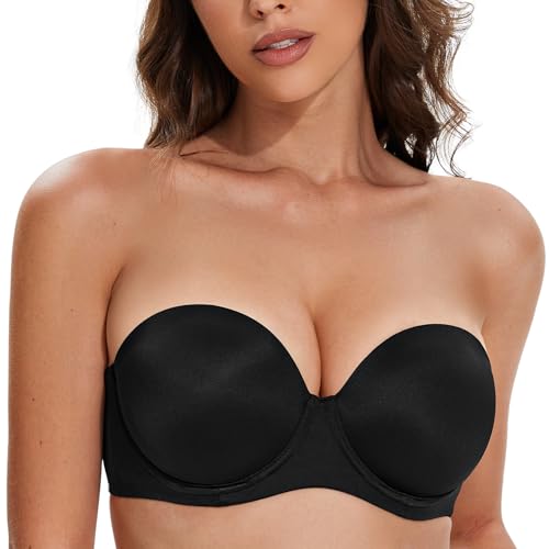 Deyllo Damen Trägerloser BH mit Bügel Große Brüste Starker Halt Comfit Rückenfrei Super Push up Tshirt BH ohne Träger Neckholder Große Größen Bandeau BH High Stütz Schwarz 75D von Deyllo