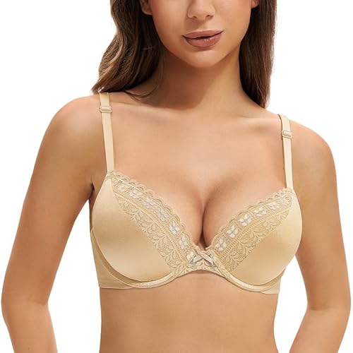 Deyllo Push up BH mit Bügel Starker Halt für Kleine Brüste Sexy Schalen T-Shirt BHS mit Spitzen Design Atmungsaktives Comfit Material Bralette Für Rückenfreie Kleider & Sexy Looks Hautfarben 80C von Deyllo