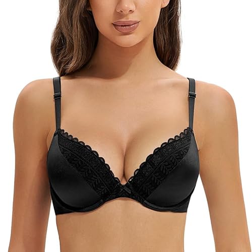 Deyllo Push up BH mit Bügel Starker Halt für Kleine Brüste Sexy Schalen T-Shirt BHS mit Spitzen Design Atmungsaktives Comfit Material Bralette Für Rückenfreie Kleider & Sexy Looks Schwarz 70D von Deyllo