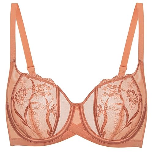 Deyllo Sexy Spitzen Damen BH mit Bügel Push Up Durchsichtige BH Rückenfrei Soft Komfort BH Balconette Klassische BH Trägeverstellbar BH Ungepolstert Orange 75F/34DDD von Deyllo