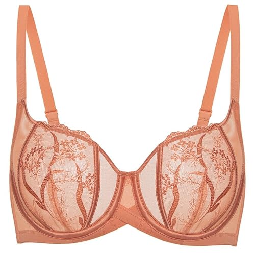 Deyllo Sexy Spitzen Damen BH mit Bügel Push Up Durchsichtige BH Rückenfrei Soft Komfort BH Balconette Klassische BH Trägeverstellbar BH Ungepolstert Orange 80C/36C von Deyllo